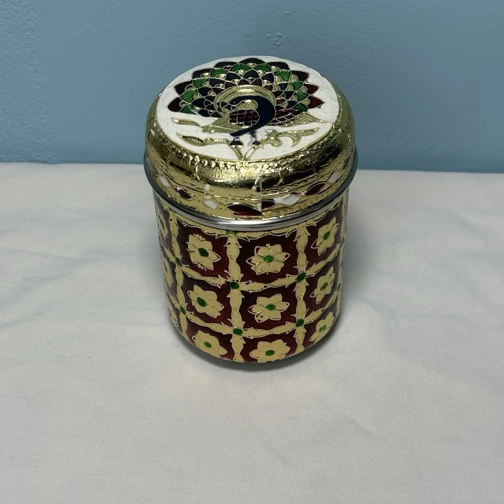 Meenakari Stainless Steel Box Peacock Lid Indian Decorative Canister Dabba